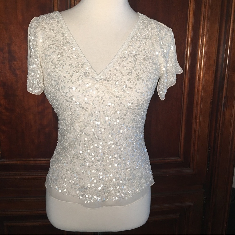 Adriana Papell sequined V neck formal Top silk cream Size Petite Small